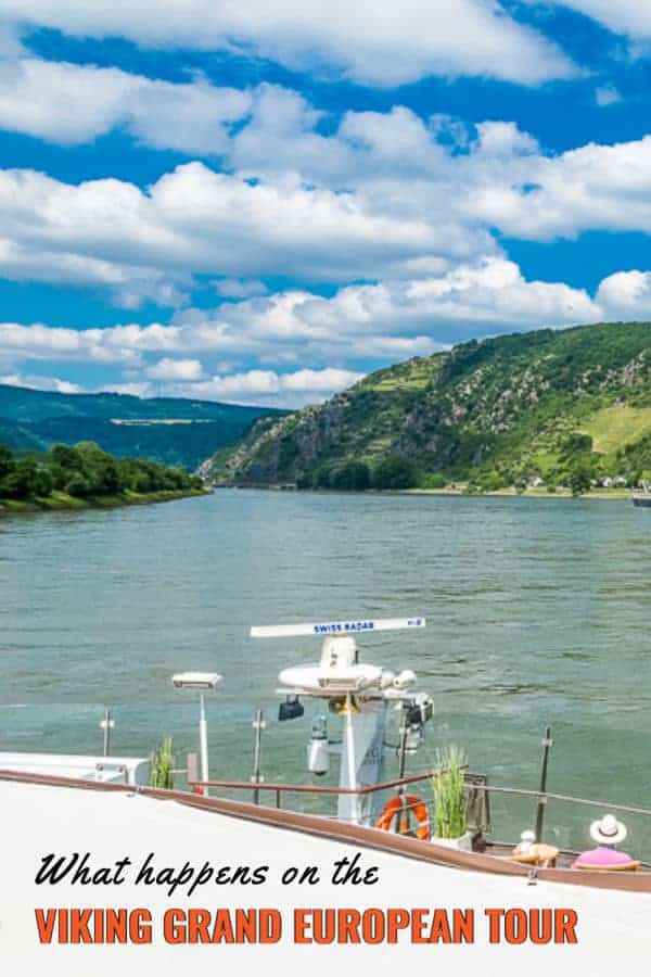 Danube River with cruise ship prow in foreground. Text overlay says what happens on the Vikine Grand European Tour