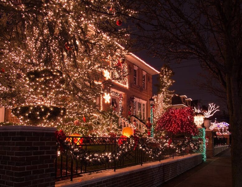 Christmas lights on a street in Dyker Heights, New York City in Winter
