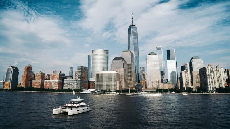 catamaran approaching the NYC waterfront