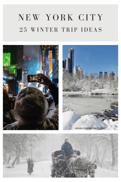collage of a person taking a photo, snowy central park, and horse drawn carriage in the snow. text overlay says new york city 25 winter trip iceas