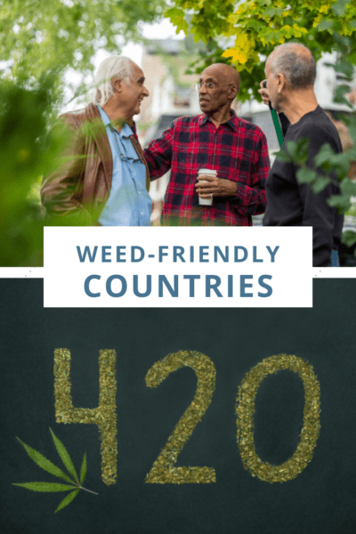 Top: Three men talking together. Plants in foreground. Bottom 420 number with a marijuana leaf. Text overlay says 