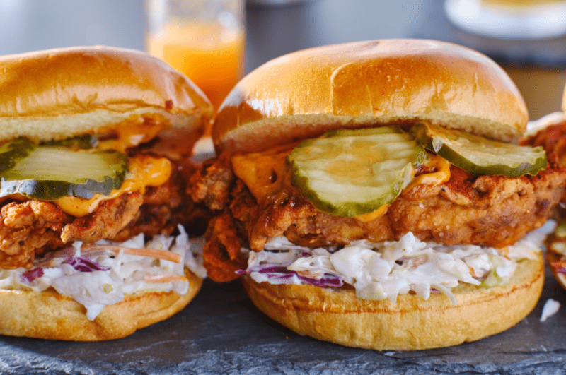 Nashville Hot Chicken sandwiches, with pickles and cole slaw